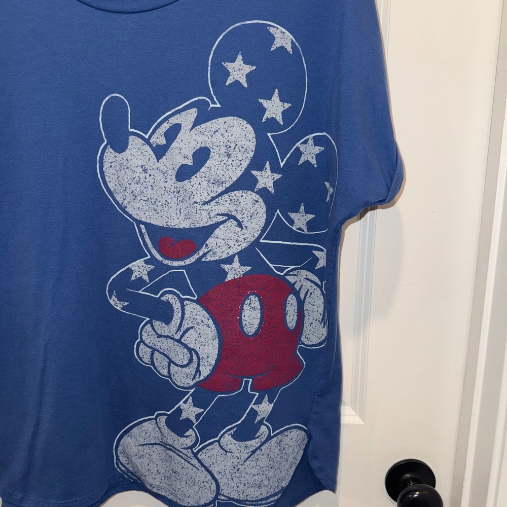 Disney Mickey Mouse Womens L Blue Distressed Graphic T Shirt Rolled Sleeve